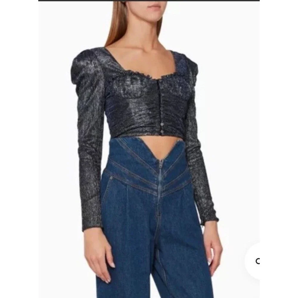 New Jonathan Simkhai Women's Metallic Size 4 Wrap Crop Top Long Sleeves Midnight - Picture 5 of 16